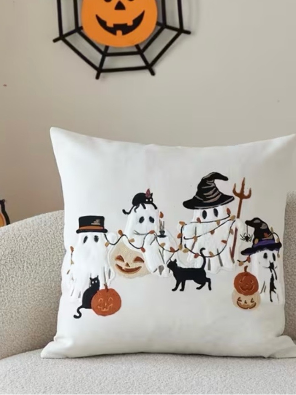 Set of 2 Embroidered Halloween Ghost Throw Pillow Covers 18x18